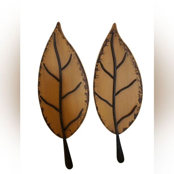 Large Metal and Wood Leaf Wall Hangings - Picture 1 of 6